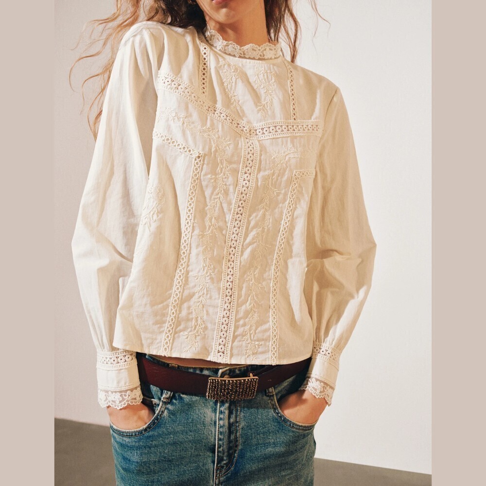 Cream Embroidered Eyelet Lace Trim Mock Neck Long Sleeve Blouse